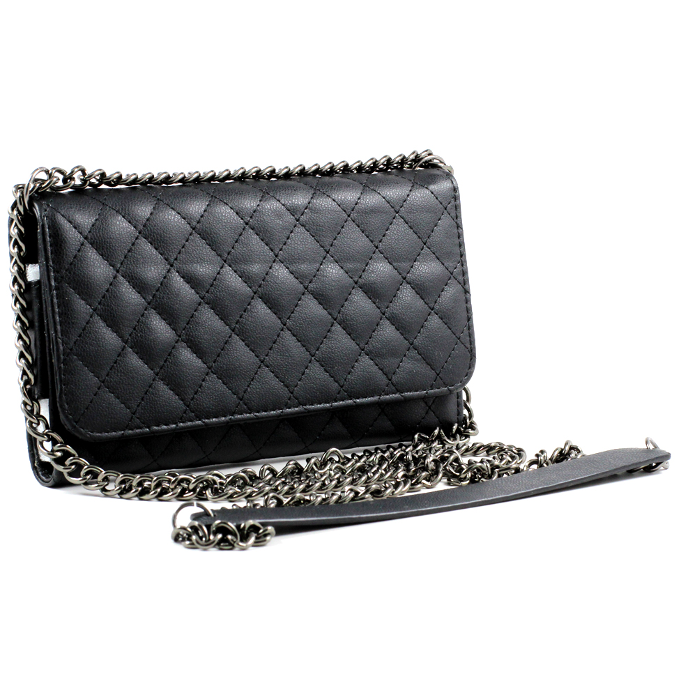 Note 4, 3 Universal Quilted Flip Leather WALLET Case w Long CHAIN (Black)